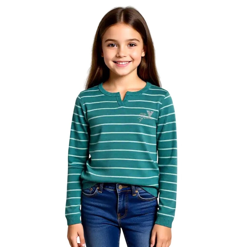 GUESS Girls Teal Green Striped Rhinestone‎ Logo Long Sleeve Sweater Lg 12/14NWT